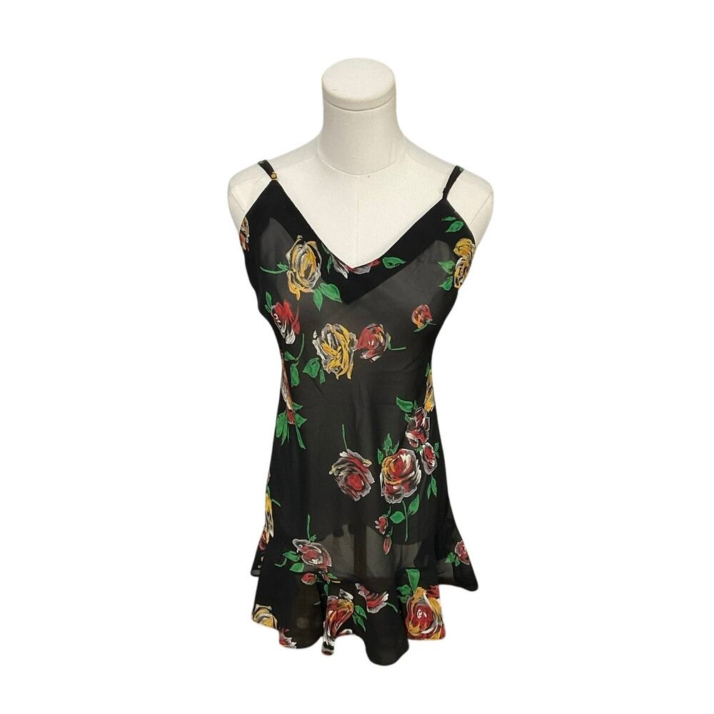 VTG 90s Victoria's Secret Roses Black Sheer Slip Dress Lingerie Size Small